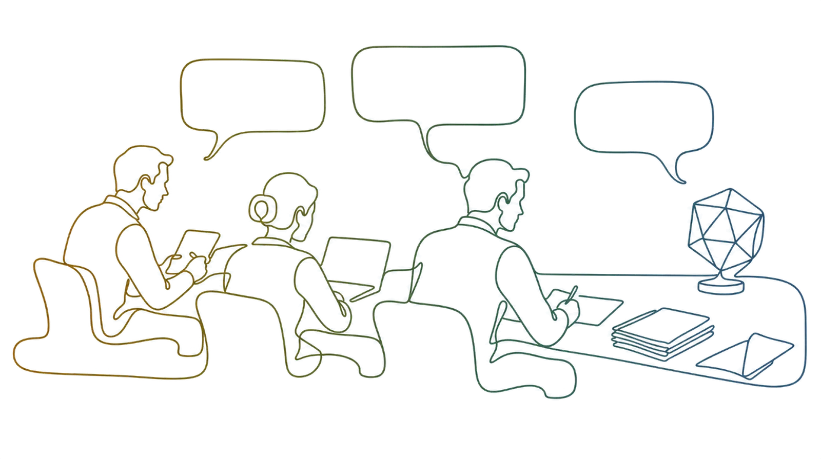 Three people working at a long table with empty message panels above them, and a faceted solid on a stand at the fourth place, drawn as one continuous line