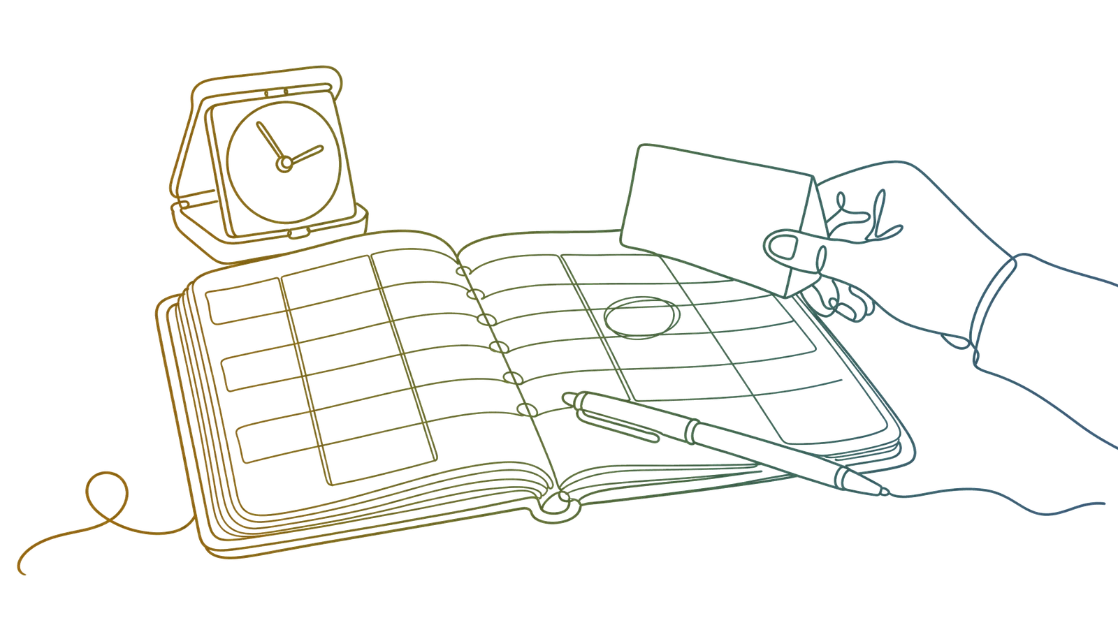 An open desk diary with one time slot ringed, a folding travel clock and a hand resting a card against the page, drawn as one continuous line