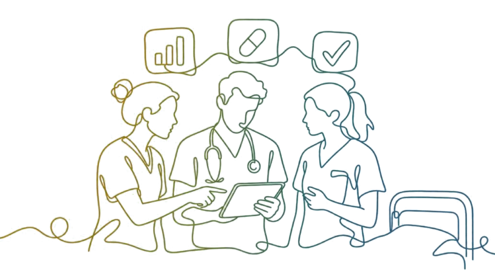 Three clinicians talking over a tablet with message cards above them, drawn as one continuous line