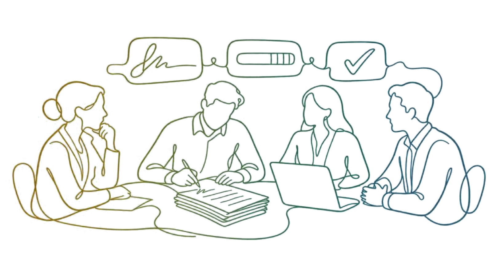 People around a table with contracts, a signature in progress and an approval card, drawn as one continuous line
