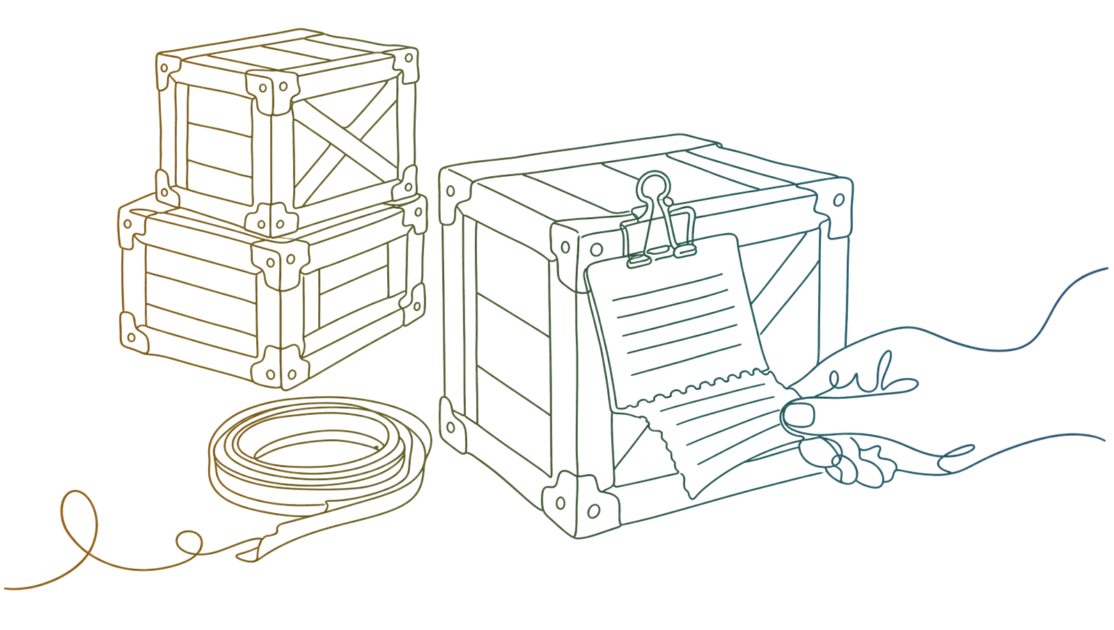 A wooden crate with a paper docket clipped to it and a hand tearing off the lower half, drawn as one continuous line
