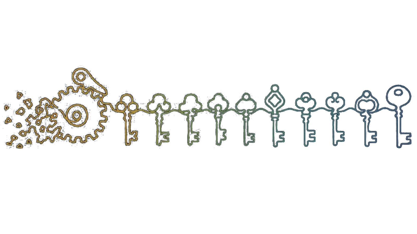 A long chain of keys, each one different, the oldest crumbling into fragments behind, drawn as one continuous line
