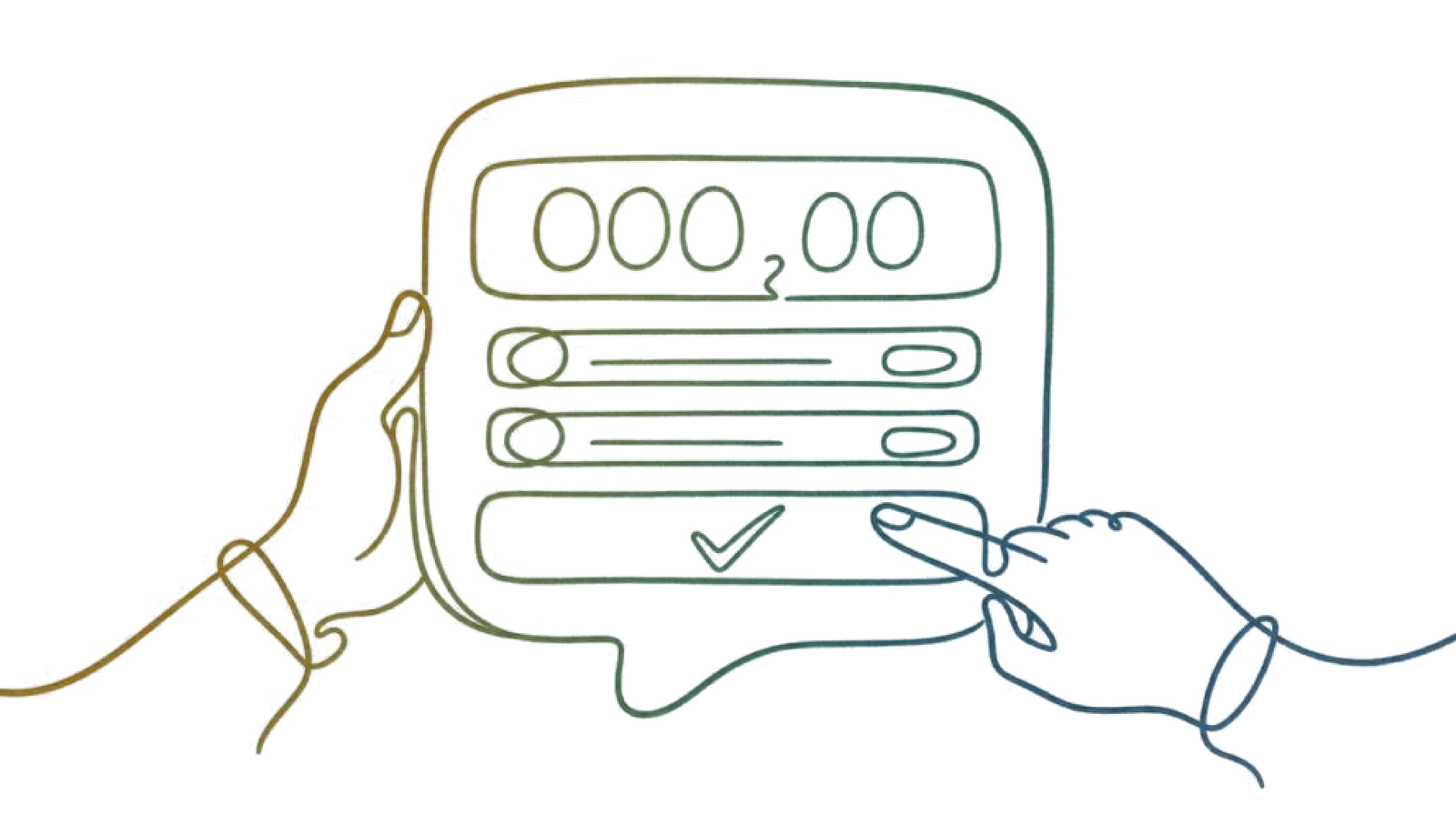Two hands at an approval card showing an amount and a tick, drawn as one continuous line