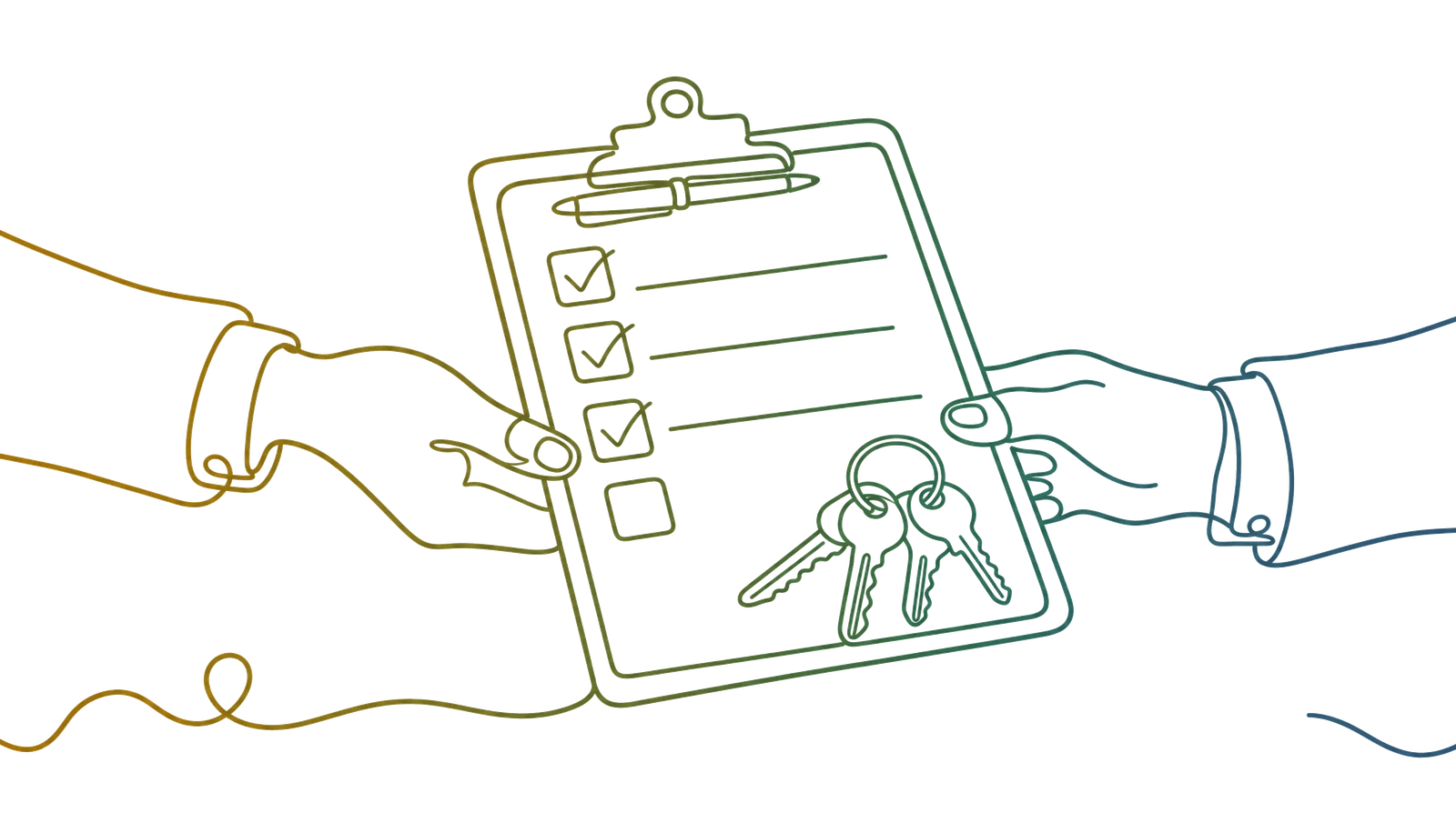 A clipboard of tick boxes passing between two hands with a set of keys resting on the page, drawn as one continuous line