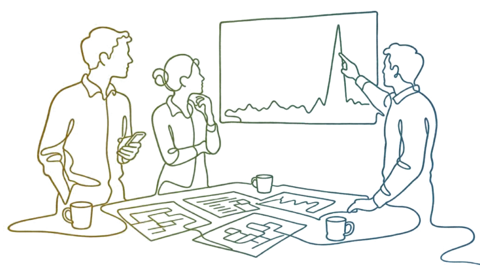 Three people standing over plans with a chart on the wall behind them, drawn as one continuous line
