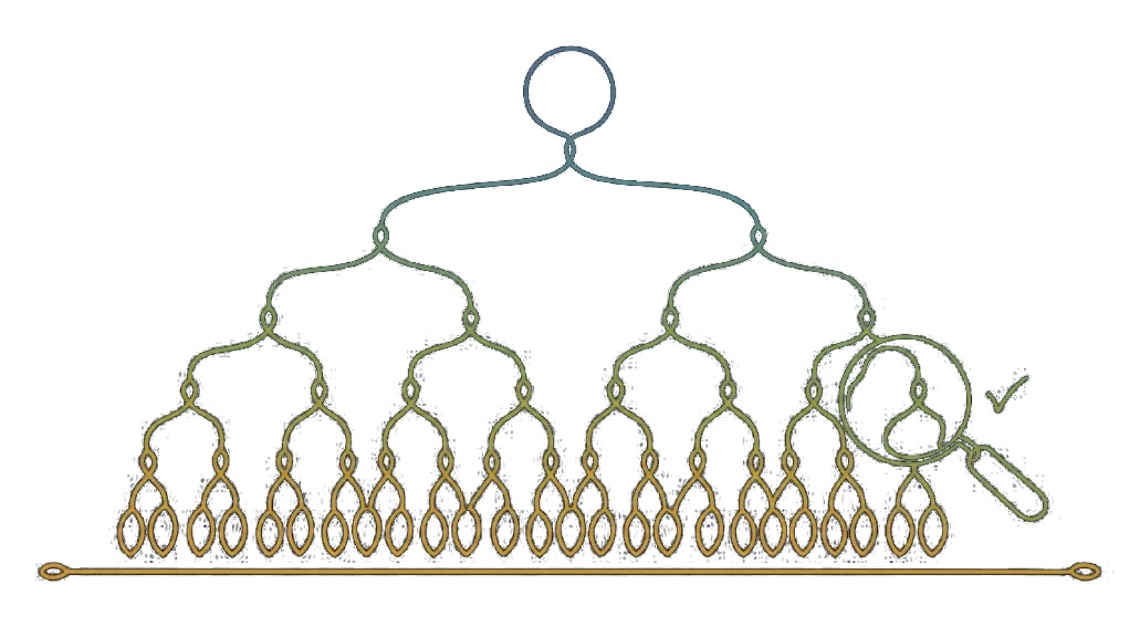 Sixty-four leaves resolving to a single root with a magnifier checking one branch, drawn as one continuous line