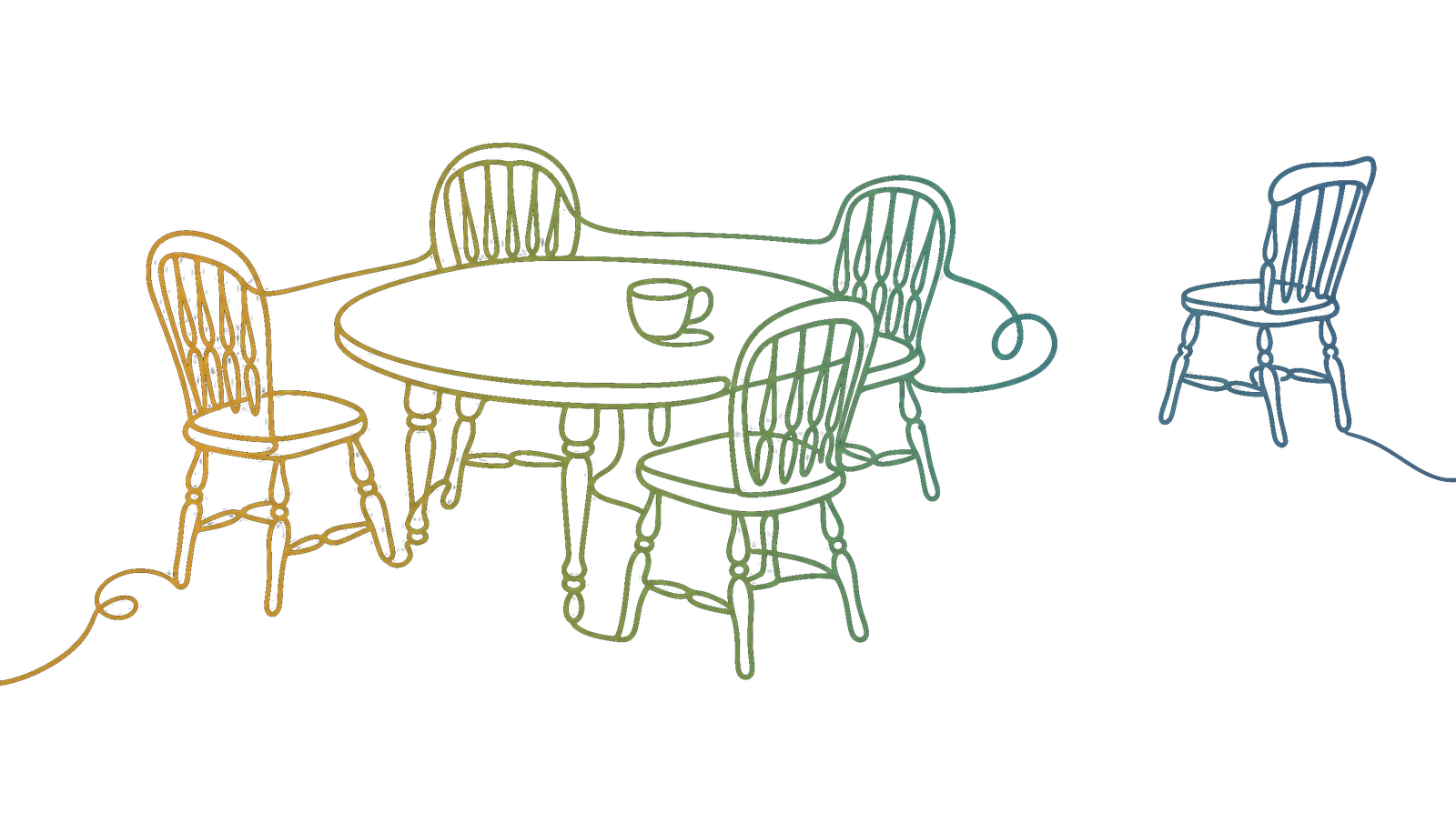 A round table with four chairs joined by a looping cord and a fifth chair pushed away out of the circle, drawn as one continuous line