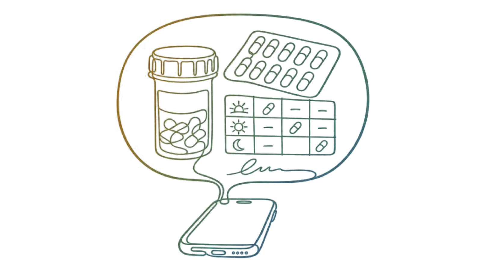 A pill bottle, a blister pack and a dosage table inside a speech bubble above a phone, drawn as one continuous line