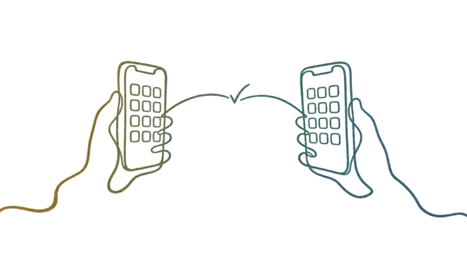 Two hands holding two phones, each showing a grid of digits, drawn as one continuous line