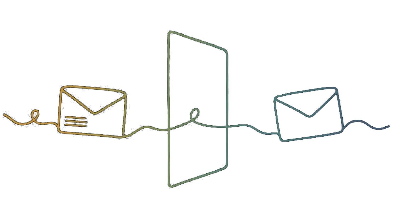 An addressed envelope entering a relay carrying a knot, and leaving it with nothing attached, drawn as one continuous line