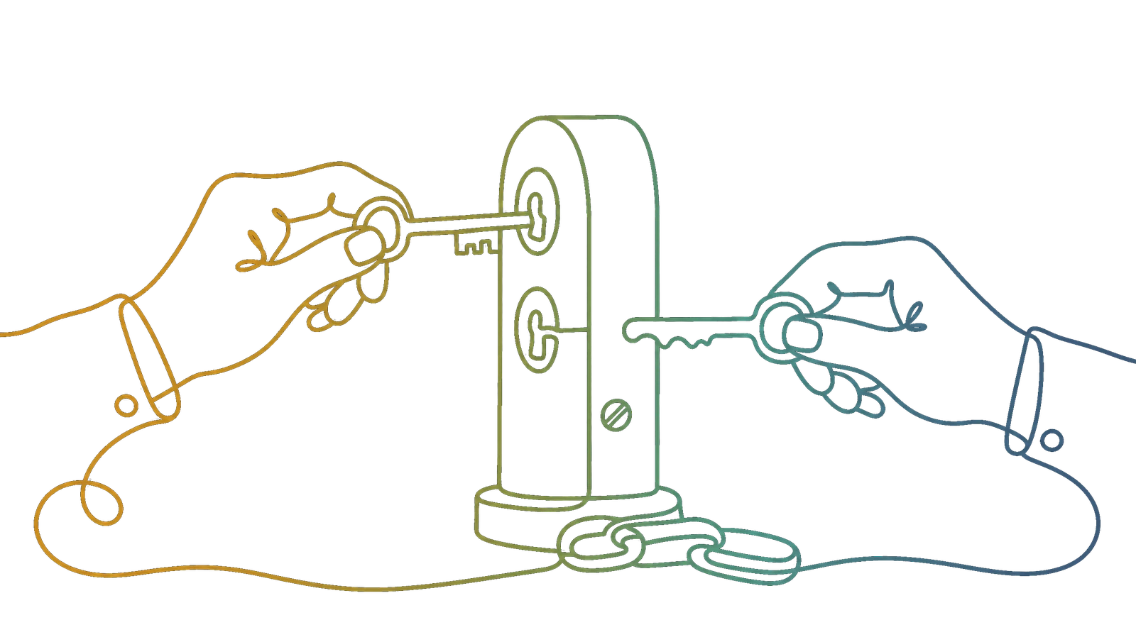 Two hands holding differently cut keys entering one upright cylinder lock with two keyways, drawn as one continuous line