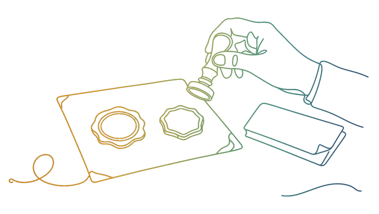 A sheet of paper with two differently shaped wax seals pressed side by side and a hand lifting the stamp away, drawn as one continuous line