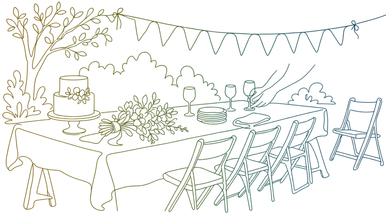A long table laid for a reception with a tiered cake, a bouquet, stacked plates and bunting strung above, drawn as one continuous line